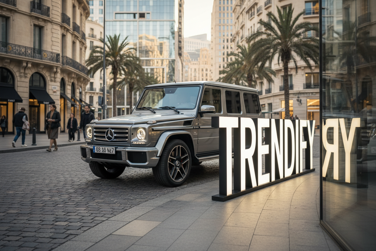 maak een foto met de naam TRENDIFY naast een g wagon 